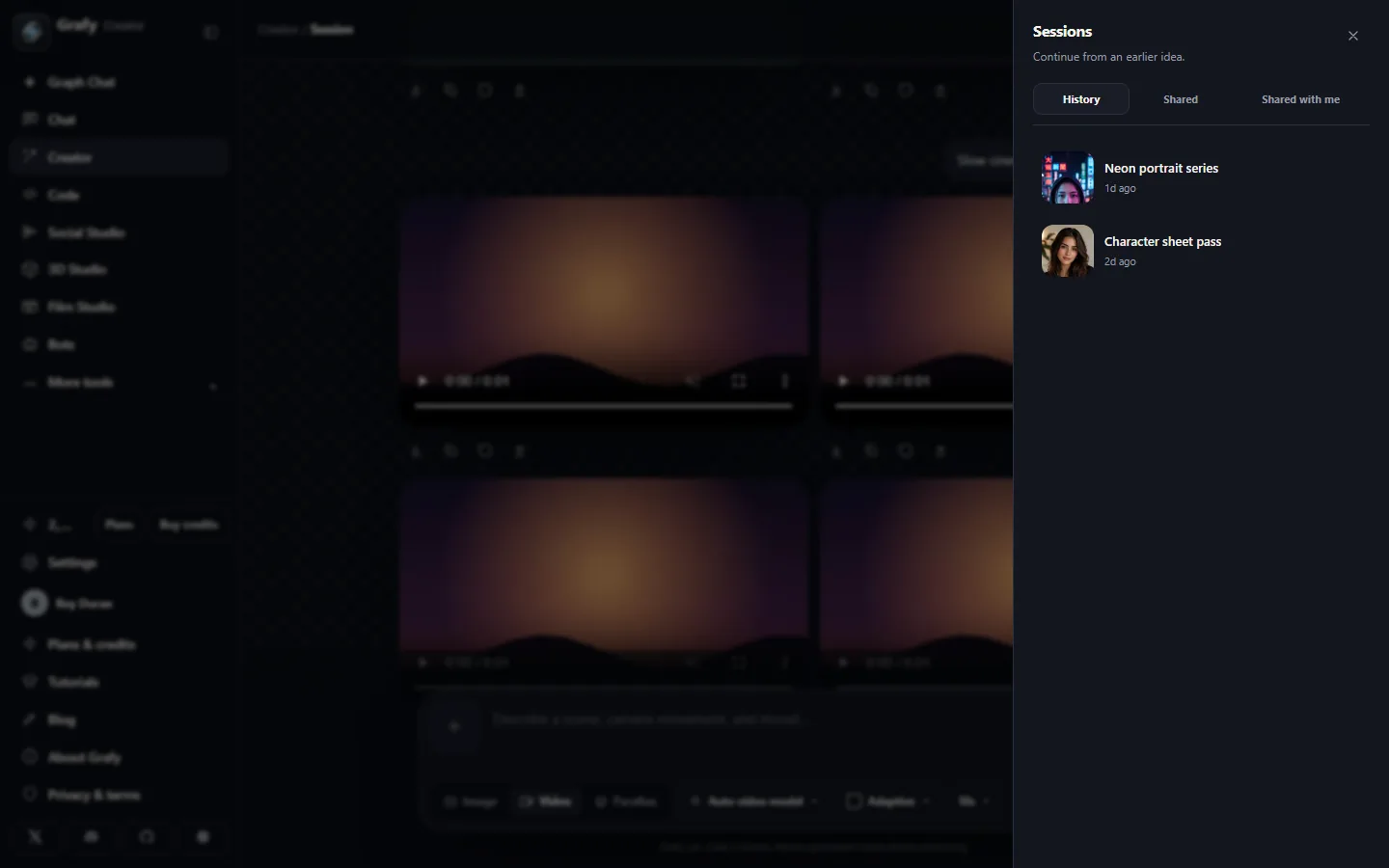 Creator history rail with session thumbnails