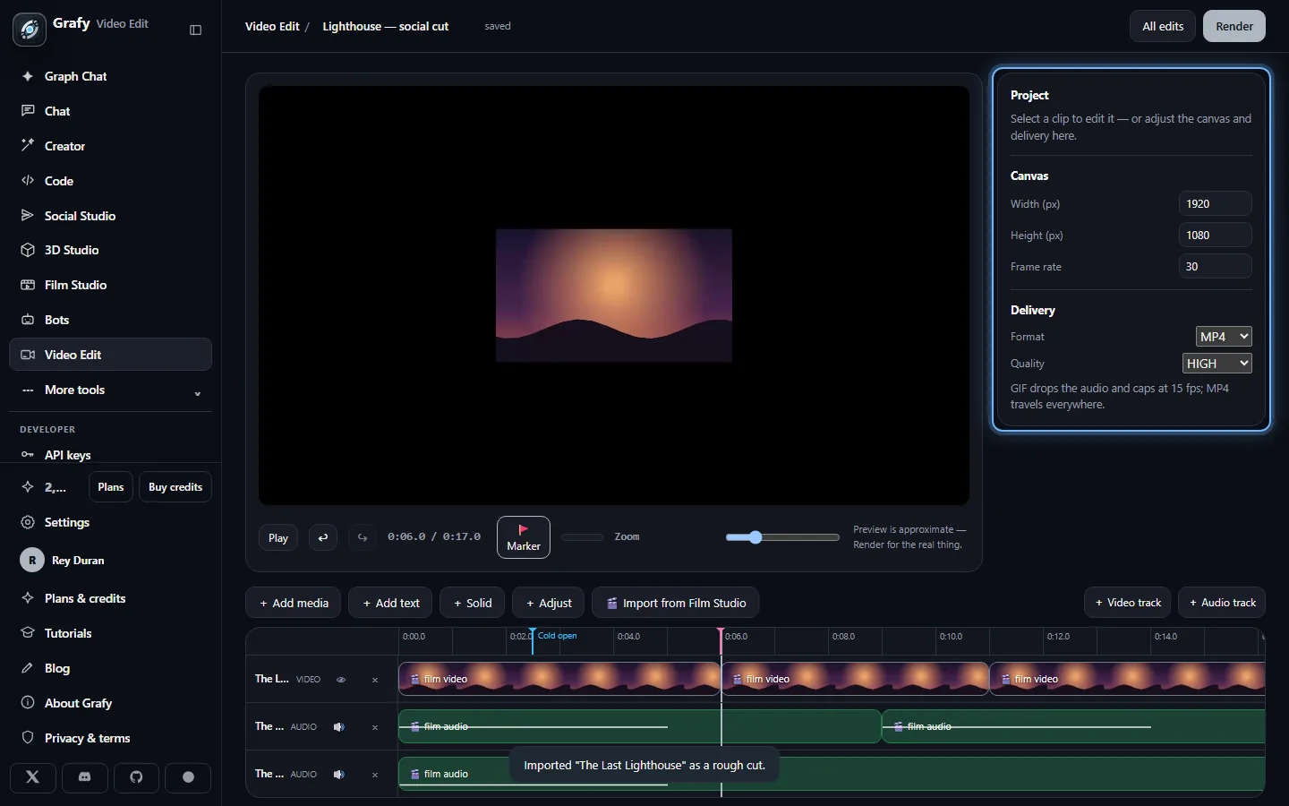 The project panel with canvas and delivery settings