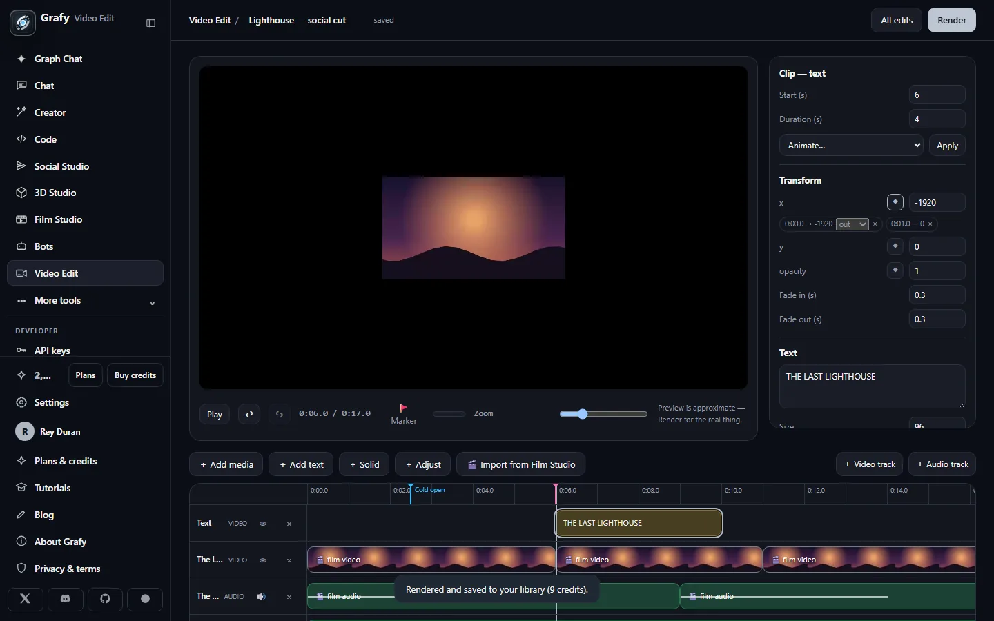 The render bar with the finished video